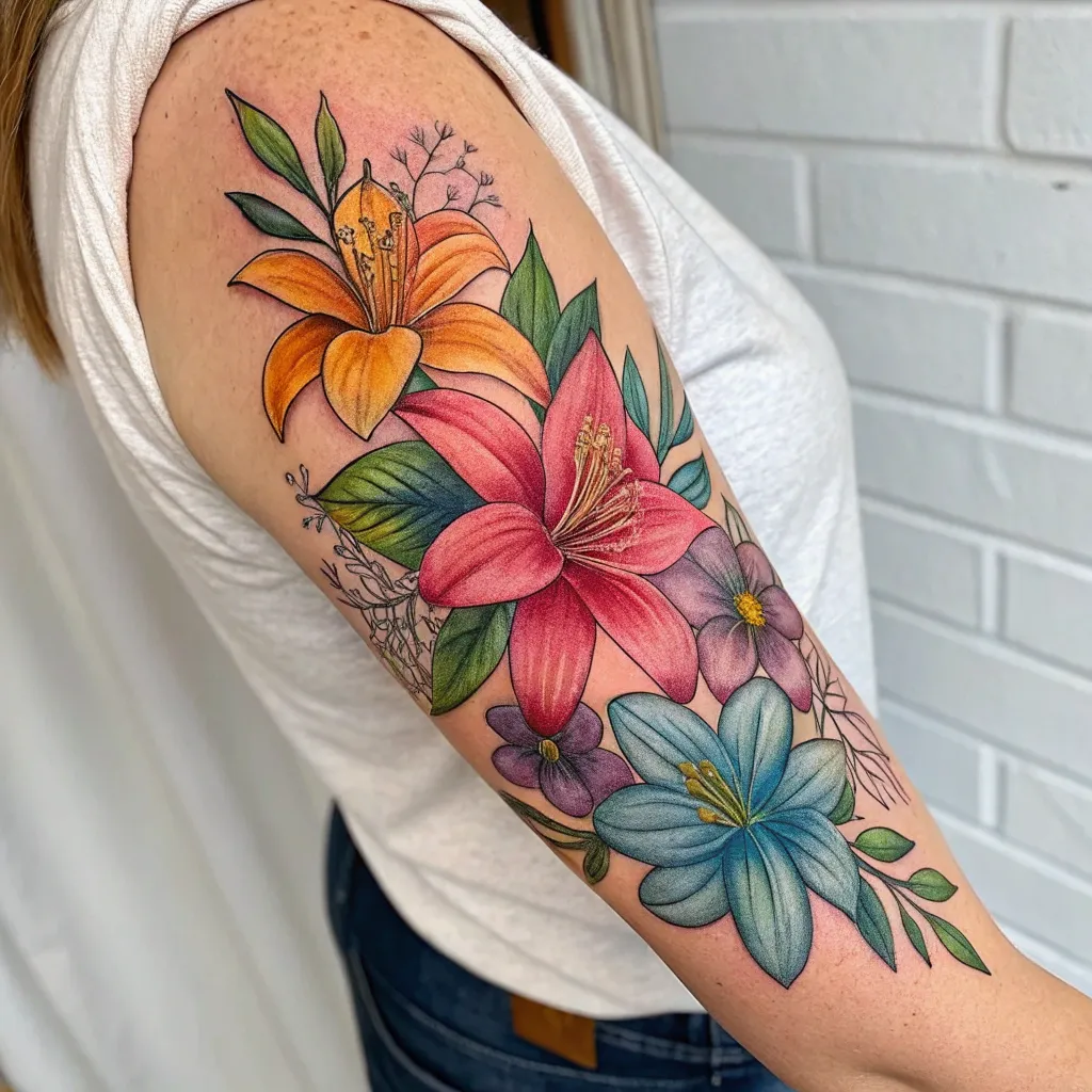 Colorful floral tattoo on arm