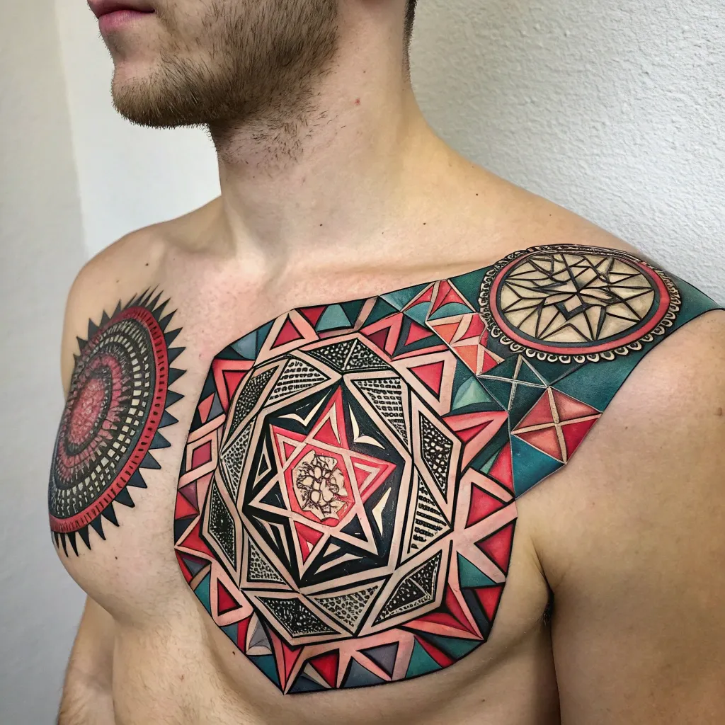 Detailed geometric tattoo on chest